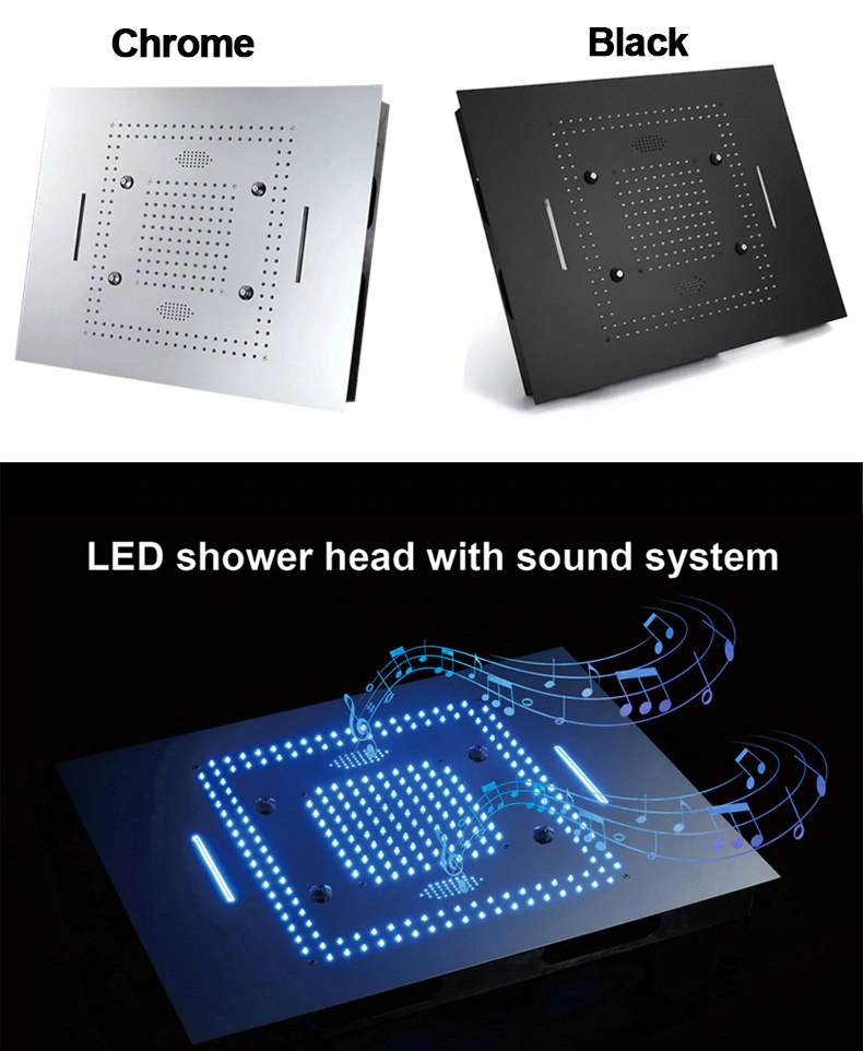Large Bluetooth Music Rainfall & Mist Showerhead with LED Lights & Built-In Speakers Large Bluetooth Music Rainfall & Mist Showerhead with LED Lights & Built-In Speakers