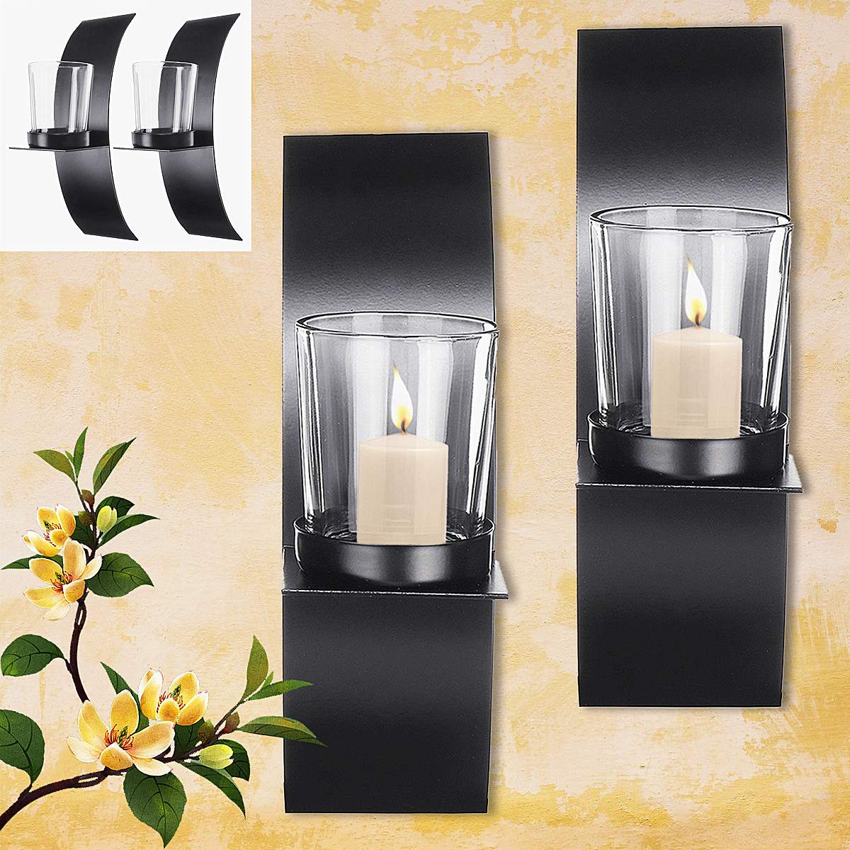 Black Modern Wall Hanging Candle Holder with Clear Glass