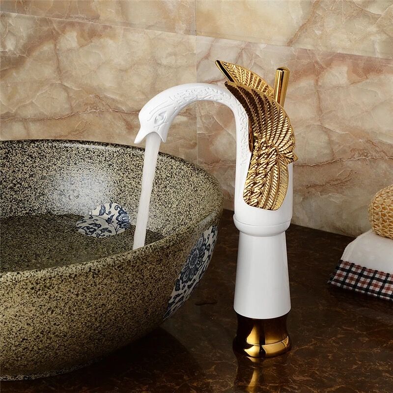 Luxury White Swan Faucet with Golden Wings Bathroom Tap Luxury White Swan Faucet with Golden Wings Bathroom Tap