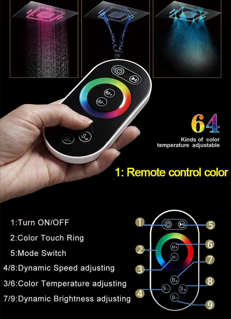 Large Bluetooth Music Rainfall & Mist Showerhead with LED Lights & Built-In Speakers Large Bluetooth Music Rainfall & Mist Showerhead with LED Lights & Built-In Speakers