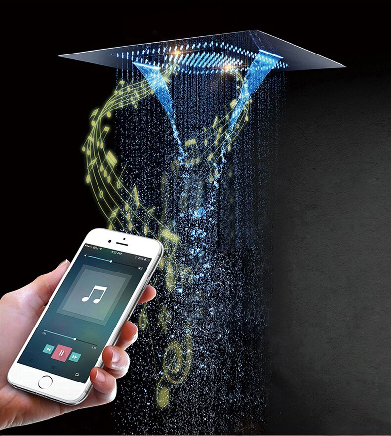 Large Bluetooth Music Rainfall & Mist Showerhead with LED Lights & Built-In Speakers Large Bluetooth Music Rainfall & Mist Showerhead with LED Lights & Built-In Speakers